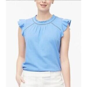 J.Crew Blue Eyelet Flutter Sleeve Ruffled Neck Top XS Boho Romantic Girly